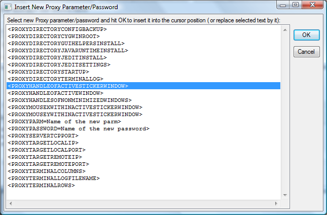 Fig.3 5 AHK-integration parameters (starting from highlighted) that can be inserted via "Insert New Proxy Parameter/Password" dialog that can be invoked via button from the launcher editor