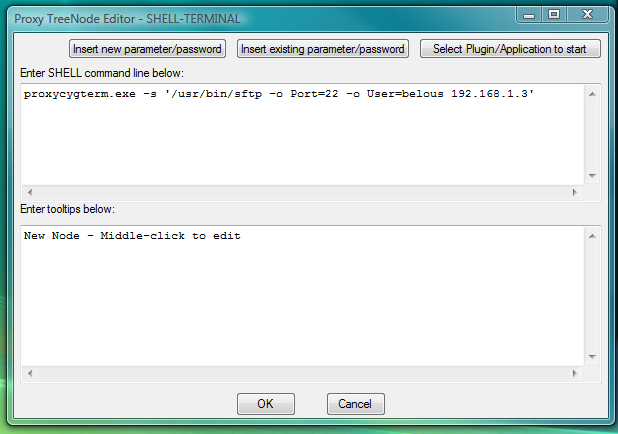 Fig.3. Dialog to add new SHELL-TERMINAL launcher with command line to start CYGWIN OpenSSH sftp client as terminal shell.
