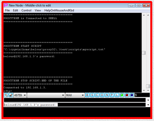 Fig.24. CYGWIN sftp SHELL-TERMINAL launcher and then I-SCRIPT launcher are executed after user has pressed OK button in the parameter input dialog. Login sequence is completed.