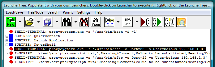 Fig.20. CYGWIN OpenSSH ssh and sftp SHELL-TERMINAL launchers on the LauncherTree (each coupled with its own AUTOLOGIN I-SCRIPT launcher), ready to be executed.