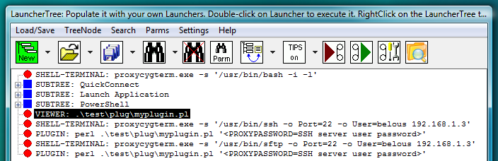 Fig.16. PLUGIN launchers contain reference to file with PLIGIN code instead of in-line code. VIEWER launcher links file with PLUGIN code to the LauncherTree. Password is passed to PLUGIN as command line parameter.