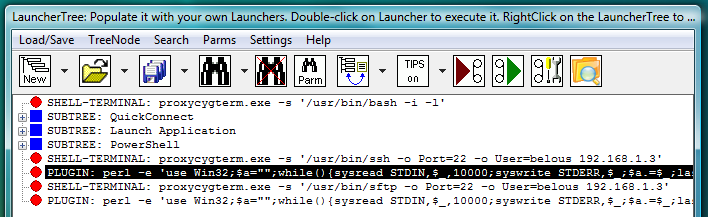 Fig.8. CYGWIN OpenSSH ssh and sftp SHELL-TERMINAL launchers on the LauncherTree (each coupled with its own AUTOLOGIN PLUGIN launcher), ready to be executed.