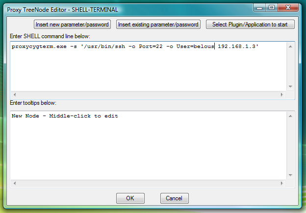 Fig.2. Dialog to add new SHELL-TERMINAL launcher with command line to start CYGWIN OpenSSH ssh client as terminal shell.