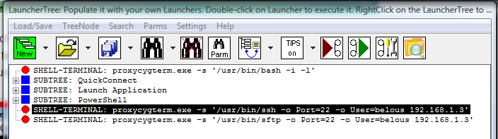 Fig.4. CYGWIN OpenSSH ssh and sftp SHELL-TERMINAL launchers on the LauncherTree, ready to be executed.