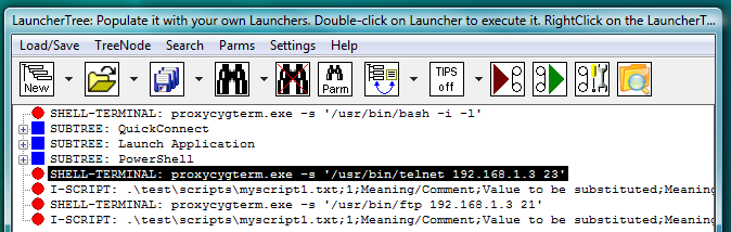 Fig.54. CYGWIN OpenSSH ssh and sftp SHELL-TERMINAL launchers on the LauncherTree (each coupled with its own AUTOLOGIN I-SCRIPT launcher), ready to be executed.