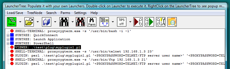Fig.50. PLUGIN launchers contain reference to file with PLIGIN code instead of in-line code. VIEWER launcher links file with PLUGIN code to the LauncherTree. User name and password are passed to PLUGIN as command line parameters.