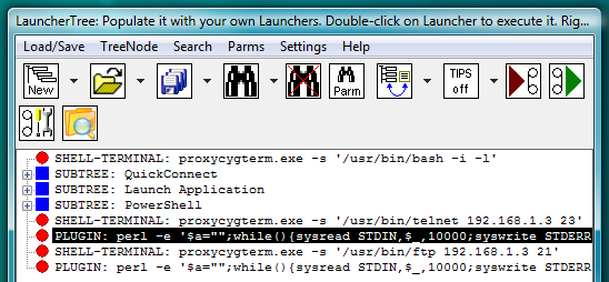 Fig.42. CYGWIN telnet and ftp SHELL-TERMINAL launchers on the LauncherTree (each coupled with its own AUTOLOGIN PLUGIN launcher), ready to be executed.