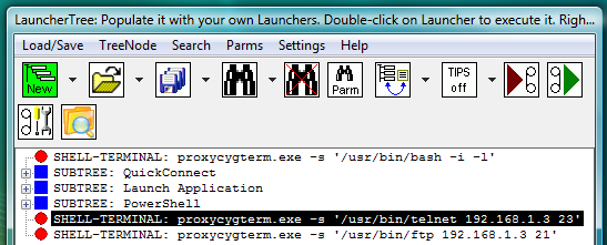 Fig.38. CYGWIN telnet and ftp SHELL-TERMINAL launchers on the LauncherTree, ready to be executed.