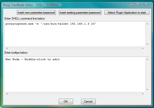 Fig.36. Dialog to add new SHELL-TERMINAL launcher with command line to start CYGWIN telnet client as terminal shell.