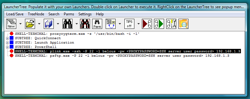 Fig.77. PLINK ssh and PSFTP sftp SHELL-TERMINAL launchers on the LauncherTree, ready to be executed.
