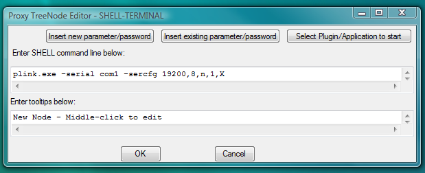 Fig.89. Dialog to add new SHELL-TERMINAL launcher with command line to start PLINK COM-PORT client as terminal shell.