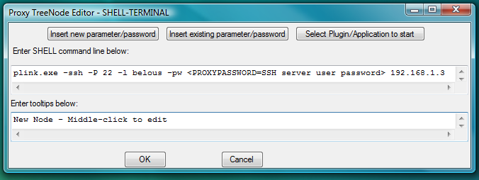 Fig.75. Dialog to add new SHELL-TERMINAL launcher with command line to start PLINK ssh client as terminal shell.