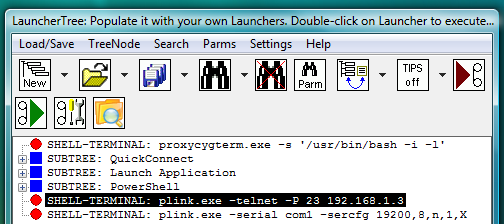 Fig.90. PLINK telnet and PLINK serial SHELL-TERMINAL launchers on the LauncherTree, ready to be executed.