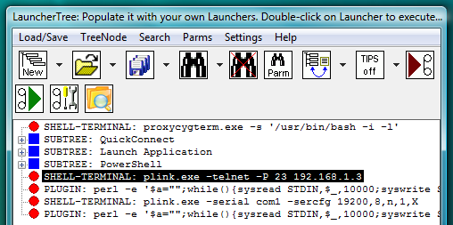 Fig.93. PLINK telnet and PLINK serial SHELL-TERMINAL launchers on the LauncherTree (each coupled with its own AUTOLOGIN PLUGIN launcher), ready to be executed.