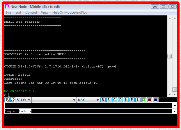 Fig.91. Execution of PLINK telnet SHELL-TERMINAL launcher (user name and password have to be typed manually into terminal).