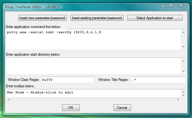 Fig.102. Dialog to add new LAUNCH launcher with command line to start PuTTY serial client and capture its window into workspace.