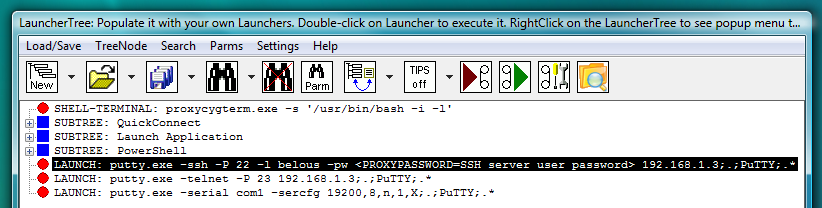 Fig.103. PuTTY ssh, telnet and serial LAUNCH launchers on the LauncherTree, ready to be executed.