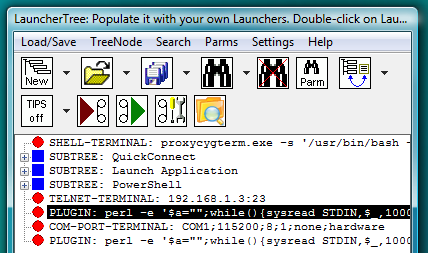Fig.70. TELNET-TERMINAL and COM-PORT-TERMINAL launchers on the LauncherTree (each coupled with its own AUTOLOGIN PLUGIN launcher), ready to be executed.