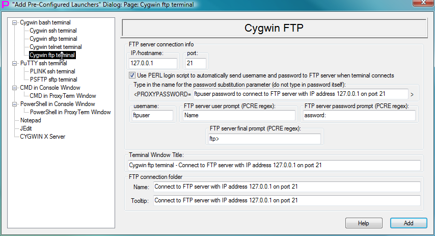 Fig.63. Template to create launcher for CYGWIN ftp terminal in the "Add Pre-Configured Launchers" Dialog
