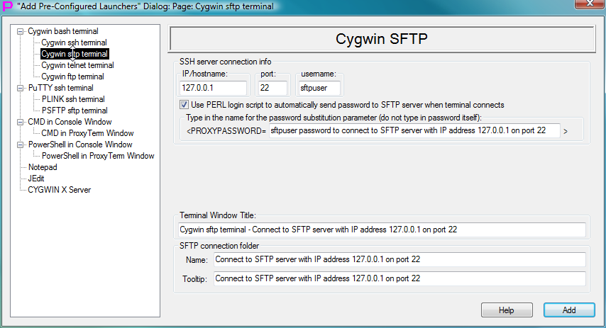 Fig.29. Template to create launcher for CYGWIN sftp terminal in the Add Pre-Configured Launchers Dialog