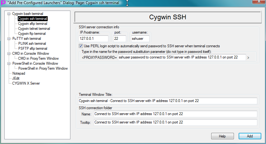 Fig.28. Template to create launcher for CYGWIN ssh terminal in the Add Pre-Configured Launchers Dialog