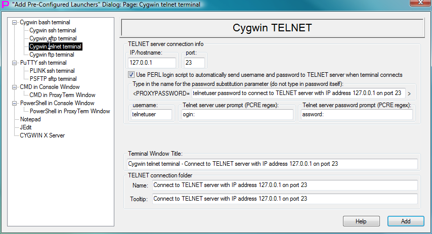 Fig.62. Template to create launcher for CYGWIN telnet terminal in the "Add Pre-Configured Launchers" Dialog