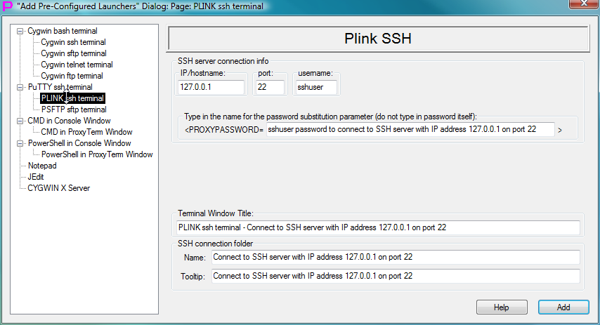Fig.85. Template to create launcher for PLINK ssh terminal in the "Add Pre-Configured Launchers" Dialog