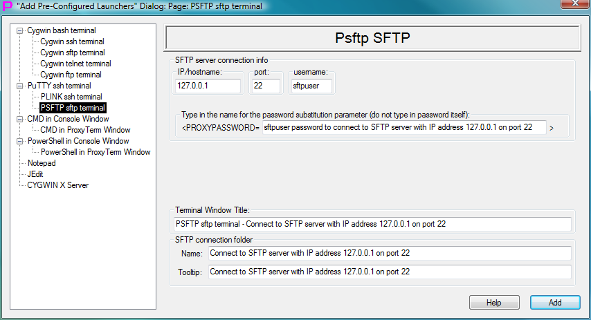 Fig.86. Template to create launcher for PSFTP sftp terminal in the "Add Pre-Configured Launchers" Dialog