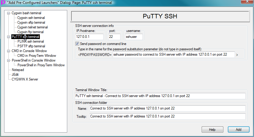 Fig.111. Template to create launcher for PuTTY ssh terminal in the "Add Pre-Configured Launchers" Dialog