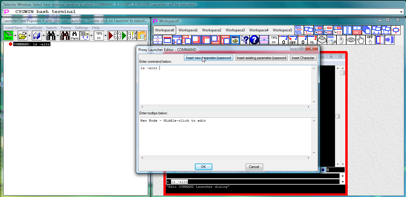 Fig.6 Middle-click on existing launcher to open "Edit COMMAND Launcher dialog". Place cursor in the position where parameter will be inserted and click on "Insert new parameter/password" button
