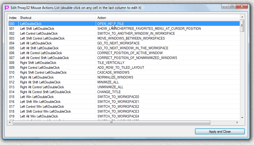 "Edit MOUSE_ACTIONS definitions" dialog after OPEN_HELP_FILE Action was selected in row 000