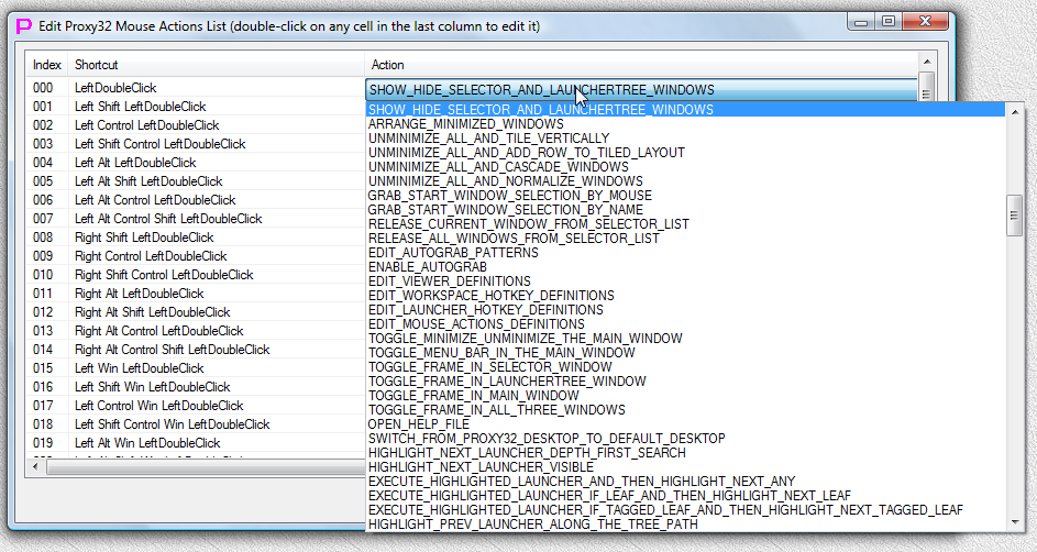 "Edit MOUSE_ACTIONS definitions" dialog with Action selector list open