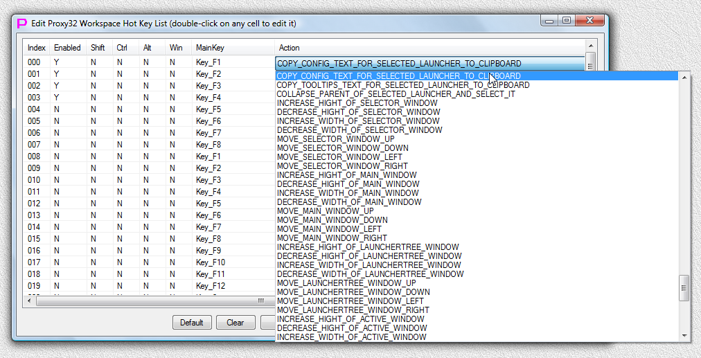 "Edit workspace HOTKEY definitions" dialog with open list of ACTIONs