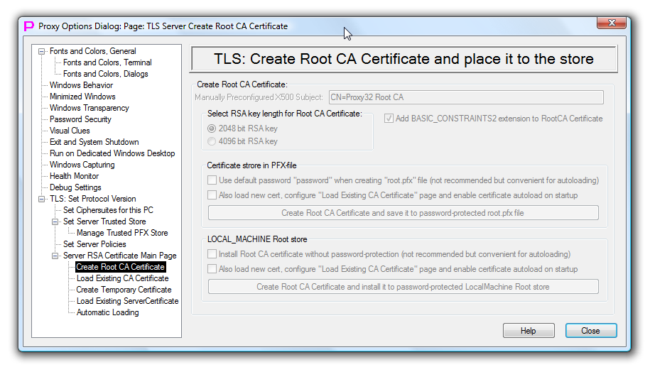 "TLS Create ROOT Certificate" and place it into the store - Options Dialog Page