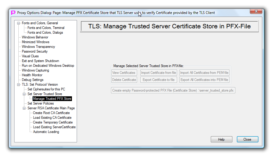 TLS Manage Server Trusted Certificate Store in PFX file