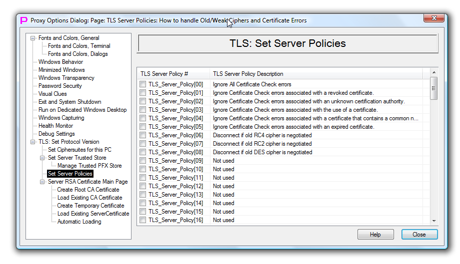 "TLS Set Server Policies" Options Dialog Page