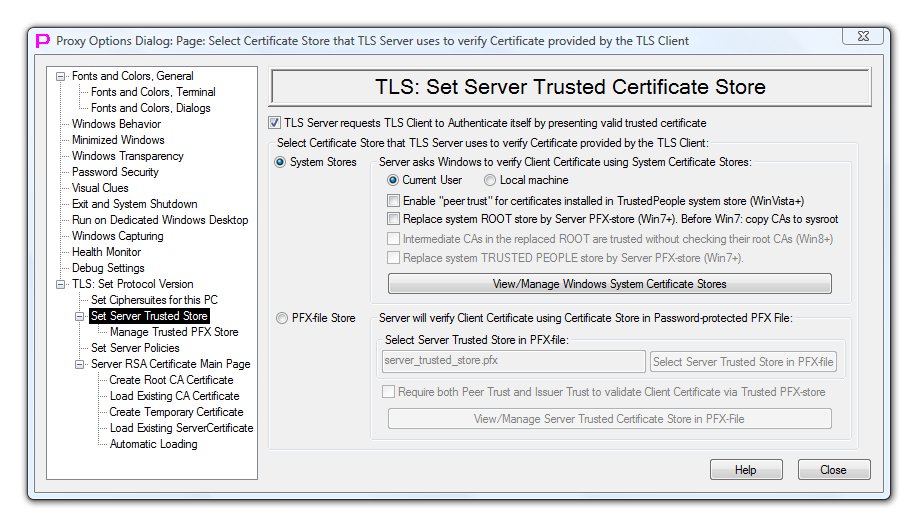 "TLS Set Server Trusted Store" Options Dialog Page