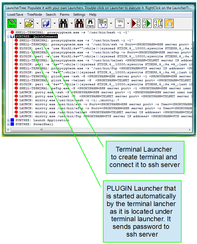 Fig. 13. Open subtree Quick Connect with referenced terminal launcher and AUTOLOGIN PLUGIN launcher.