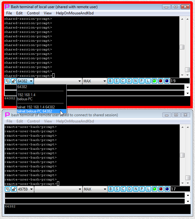 Fig.3 Owner of the shared session copies to clipboard (by selecting it from the drop-down list) line "telnet belous-PC 64382" that is needed for connection to the shared session .