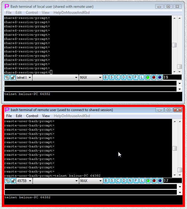 Fig.4 Remote user pastes line "telnet belous-PC 64382", that is needed to connect to the shared session, at the bash prompt ("Enter" key is not yet pressed).