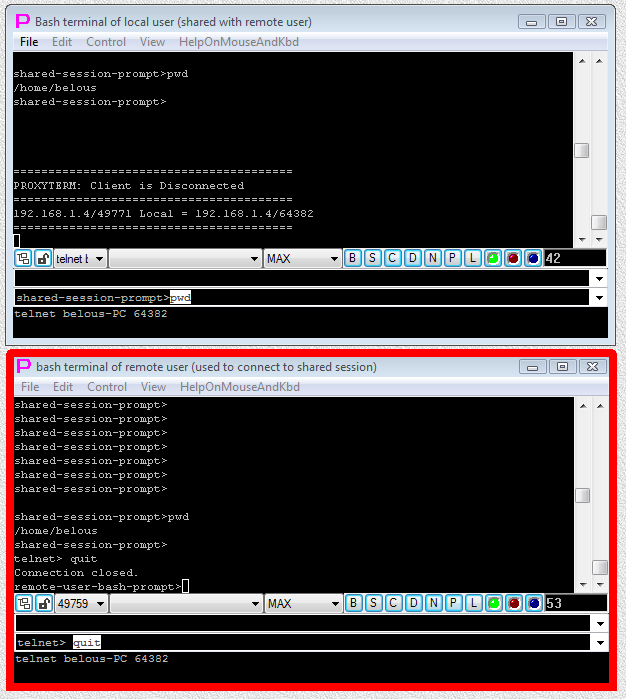 Fig.7. Remote user has disconnected telnet link from shared session and owner of the shared session is notified when remote user has disconnected from the shared session.