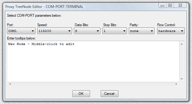 Fig.27. Proxy32 TreeNode Editor dialog window for creation of COM-PORT-TERMINAL launcher.