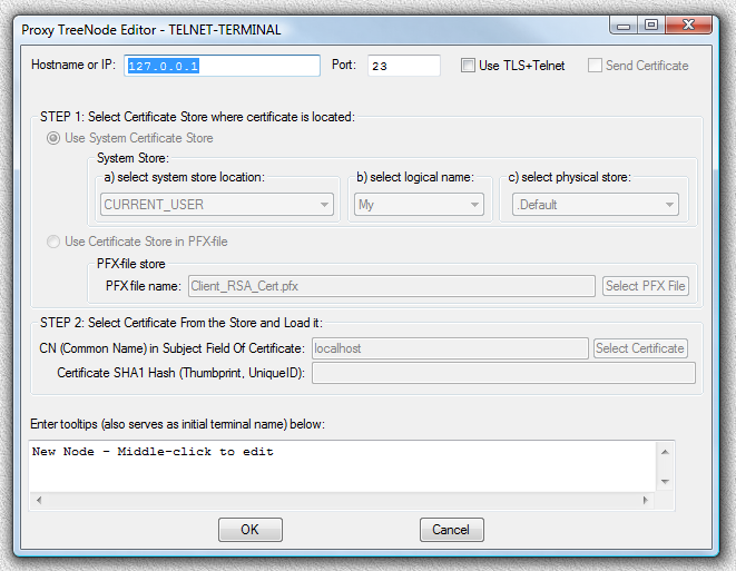 Fig.26. Proxy32 TreeNode Editor dialog window for creation of TELNET-TERMINAL launcher.
