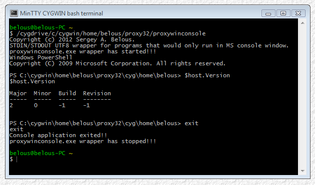 Fig.2. Working with PowerShell in MinTTY terminal.