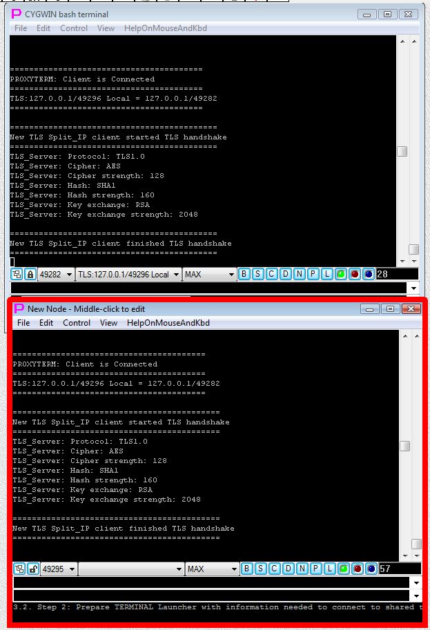 New Terminal window (on the bottom) is connected to shared session (on the top) via TLS-Telnet handshake after DoubleClick on TELNET-TERMINAL Launcher