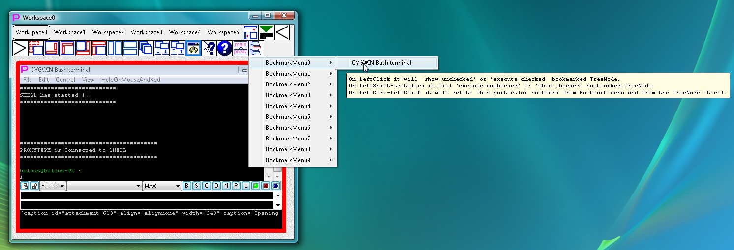 Accessing LauncherTree bookmarks menu via button in the Menubar of workspace window (with LauncherTree window hidden)