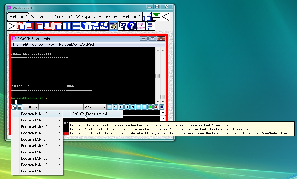 Accessing LauncherTree bookmarks menu via button in terminal window (while LauncherTree window is hidden)