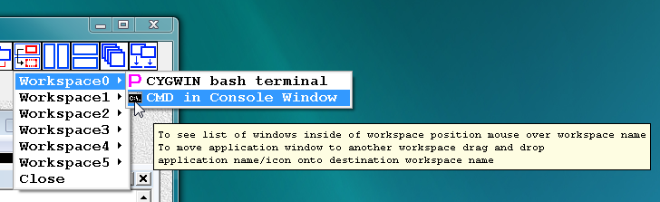Fig.13. Moving windows from one workspace to another via drag-and-drop. List of windows in the workspace Workspace0 before user moved name/icon of CMD console window by mouse and dropped it onto the name of the workspace Workspace5.