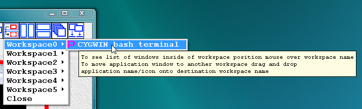 Fig.14. Moving windows from one workspace to another via drag-and-drop. List of windows in the workspace Workspace0 after user moved name/icon of CMD console window by mouse and dropped it onto the name of the workspace Workspace5.