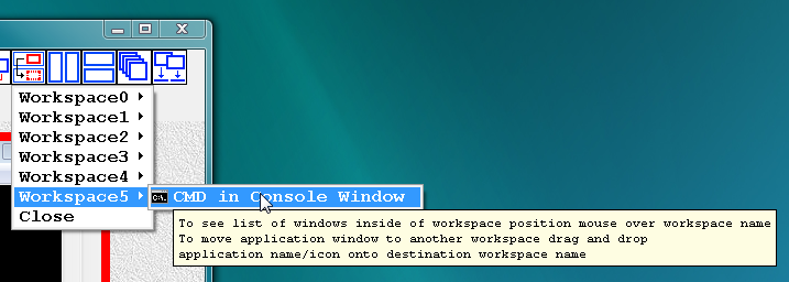 Fig.15. Moving windows from one workspace to another via drag-and-drop. List of windows in the workspace Workspace5 after user moved name/icon of CMD console window by mouse and dropped it onto the name of the workspace Workspace5.